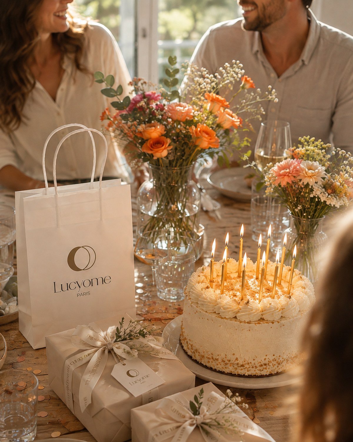 Une table d’anniversaire en fin de journée : un gâteau blanc pique de bougies dorées, des bouquets de fleurs orangées, deux cadeaux noués de ruban clair et le sac Lucyome Paris posé près des convives.