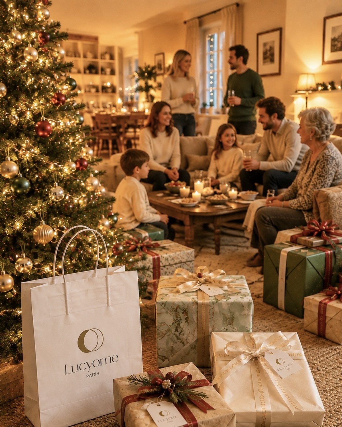 Un salon un soir de fêtes : le sapin allumé, la famille réunie autour de la table basse, et au premier plan les cadeaux noués de rubans dorés avec le sac Lucyome Paris.