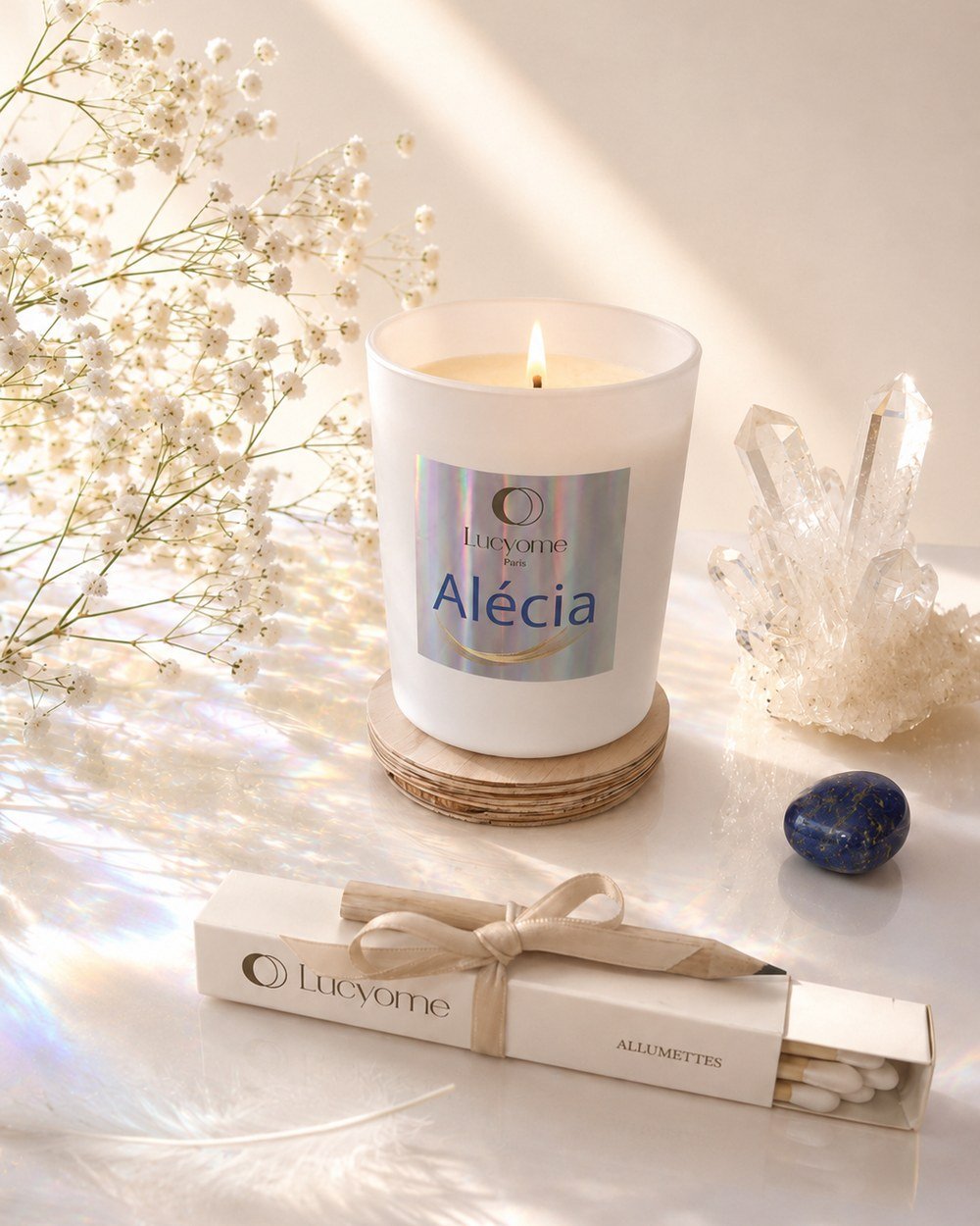 La bougie Alécia allumée sur son socle de bois, étiquette holographique et « Alécia » en script bleu, entourée de gypsophile, d’un quartz et d’un lapis-lazuli.