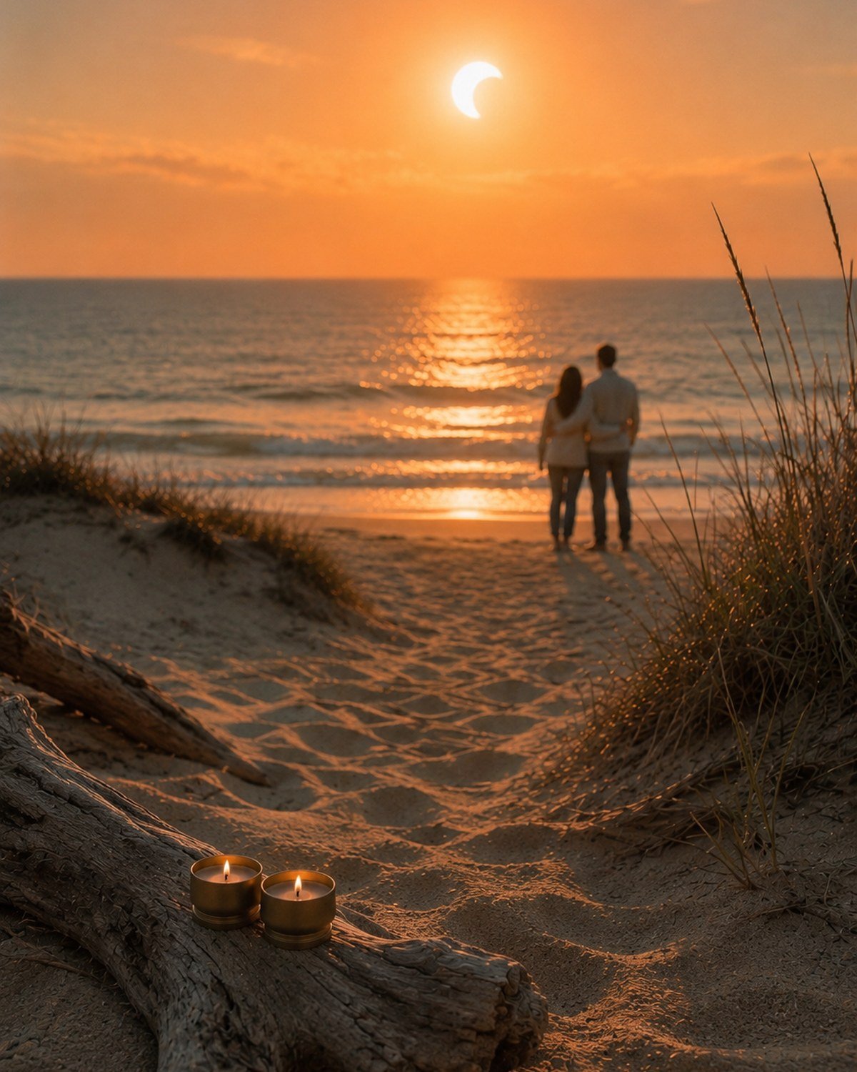 Un couple enlacé de dos sur une plage au coucher du soleil, une éclipse dans le ciel, et au premier plan deux bougies Lucyomêtes dorées allumées côte à côte sur un bois flotté.