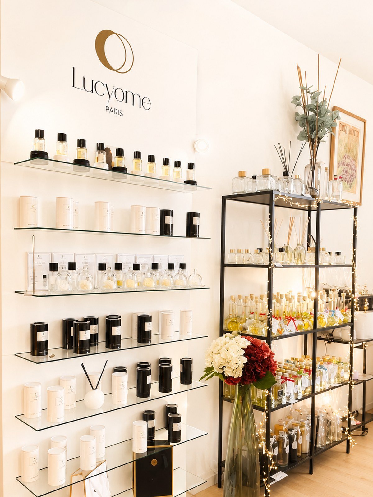 Le mur Lucyome Paris : l'enseigne doree peinte au-dessus de six etageres de verre ou s'alignent les flacons de parfum, les bougies blanches et noires et les brumes, et a droite l'etagere de metal noir garnie de diffuseurs et guirlandee de lumieres, devant un bouquet d'hortensias blancs et rouges.