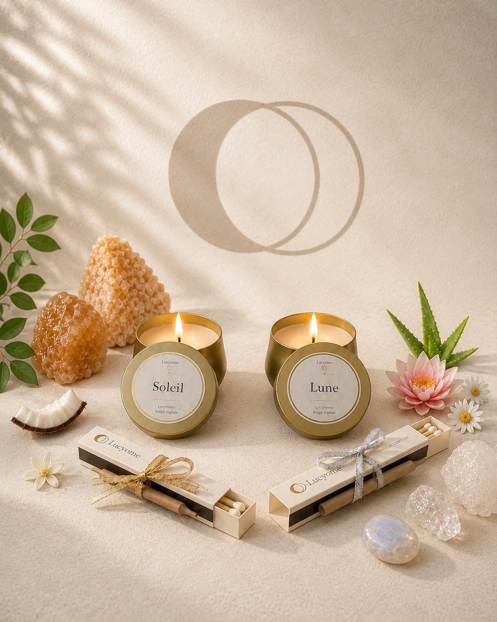 Le Coffret Soleil & Lune : les deux boîtes métal dorées allumées côte à côte, chacune avec son couvercle posé devant et sa boîte d’allumettes, sous l’ombre de l’éclipse projetée au mur