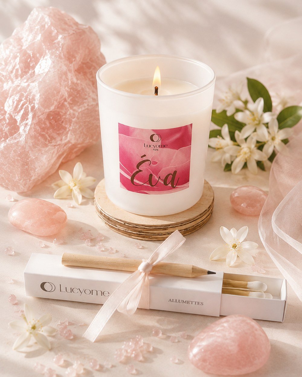 La bougie Éva allumée, étiquette rose et « Éva » en script doré, entre une branche fleurie de rose pâle, un bloc de quartz rose et la boîte d’allumettes Lucyome liée d’un ruban.