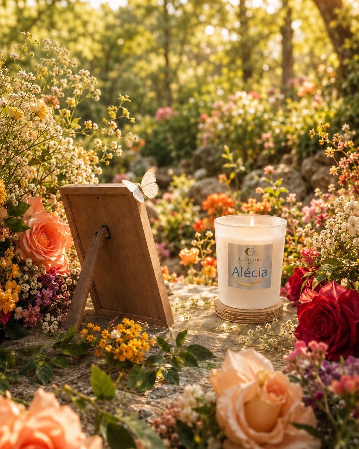 Un cadre photo de bois posé de dos dans un jardin en fleurs, un papillon blanc sur son montant, et la bougie Alécia allumée sur son socle de bois, entre les roses pêche et les roses rouges.