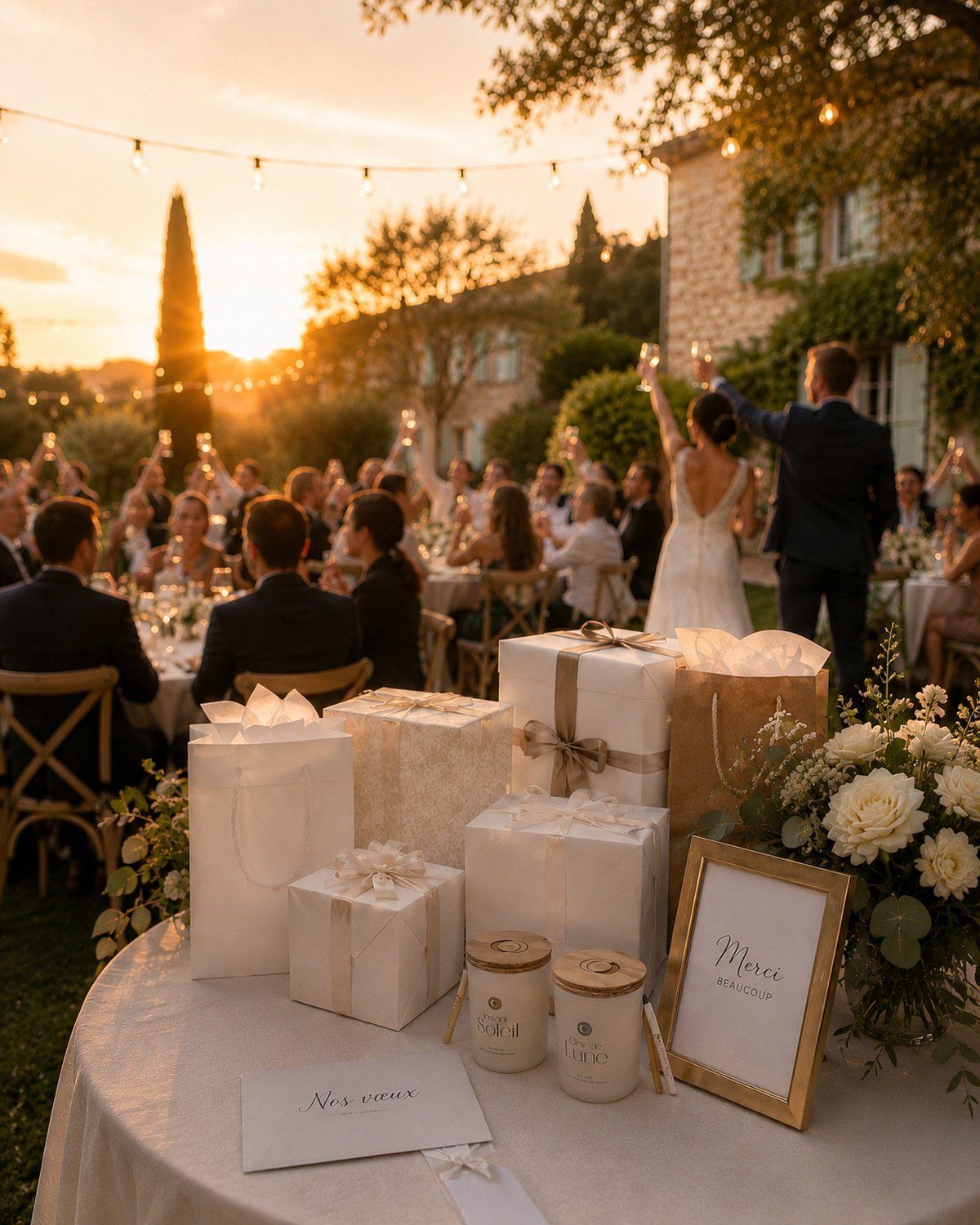 La table des cadeaux d'un mariage au coucher du soleil : les bougies Instant Soleil et Clair de Lune fermées de leur couvercle de bois, une enveloppe « Nos vœux » et un cadre « Merci beaucoup », devant les mariés qui lèvent leur verre.