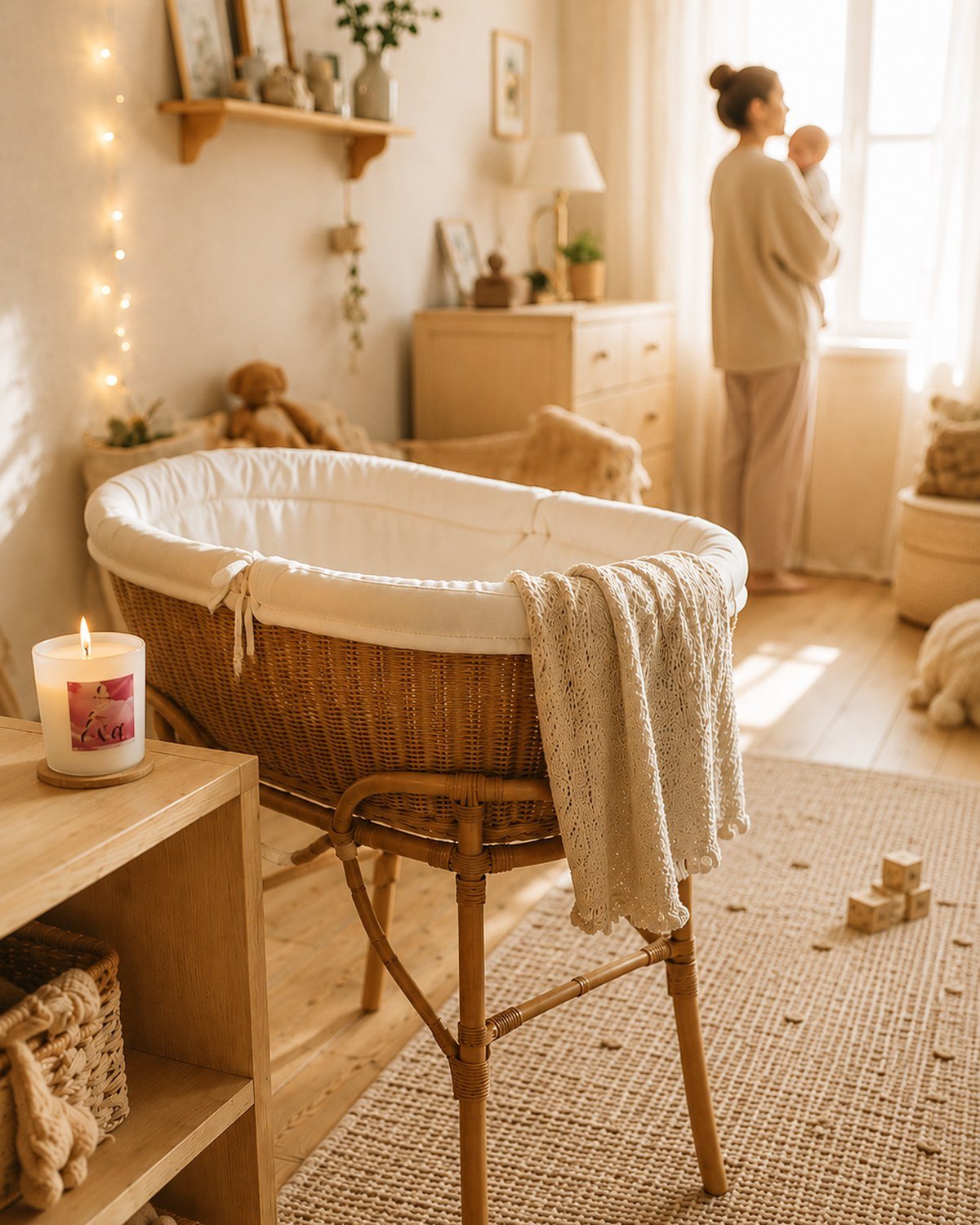Une chambre d’enfant en fin de journée : la bougie Éva allumée sur une étagère de bois, un couffin en osier avec sa couverture au crochet, et au fond, près de la fenêtre, une mère qui porte son bébé.