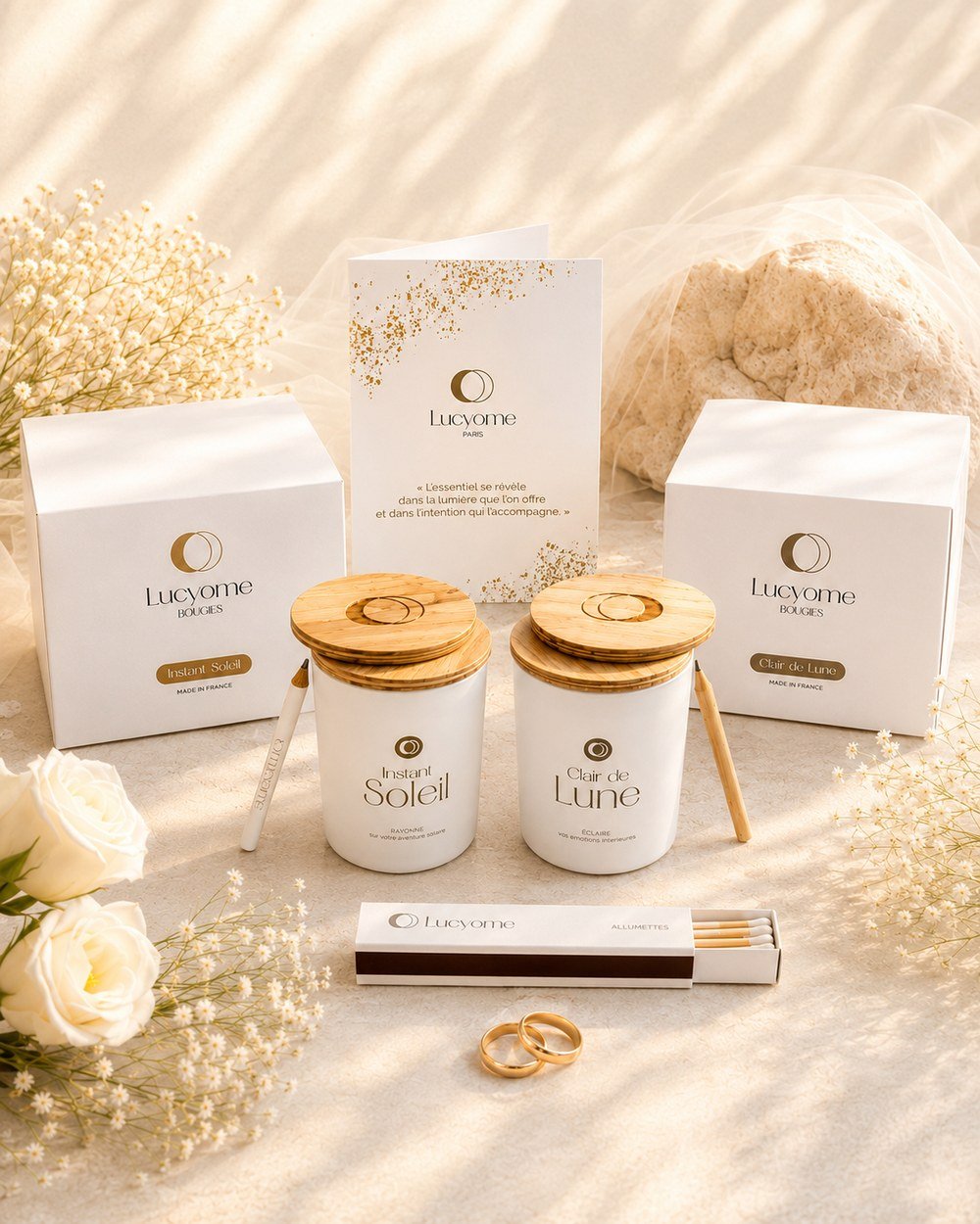 Le pack Mariage : les deux coffrets Instant Soleil et Clair de Lune, les bougies fermées de leur couvercle de bois, une carte, les allumettes et deux alliances dorées.