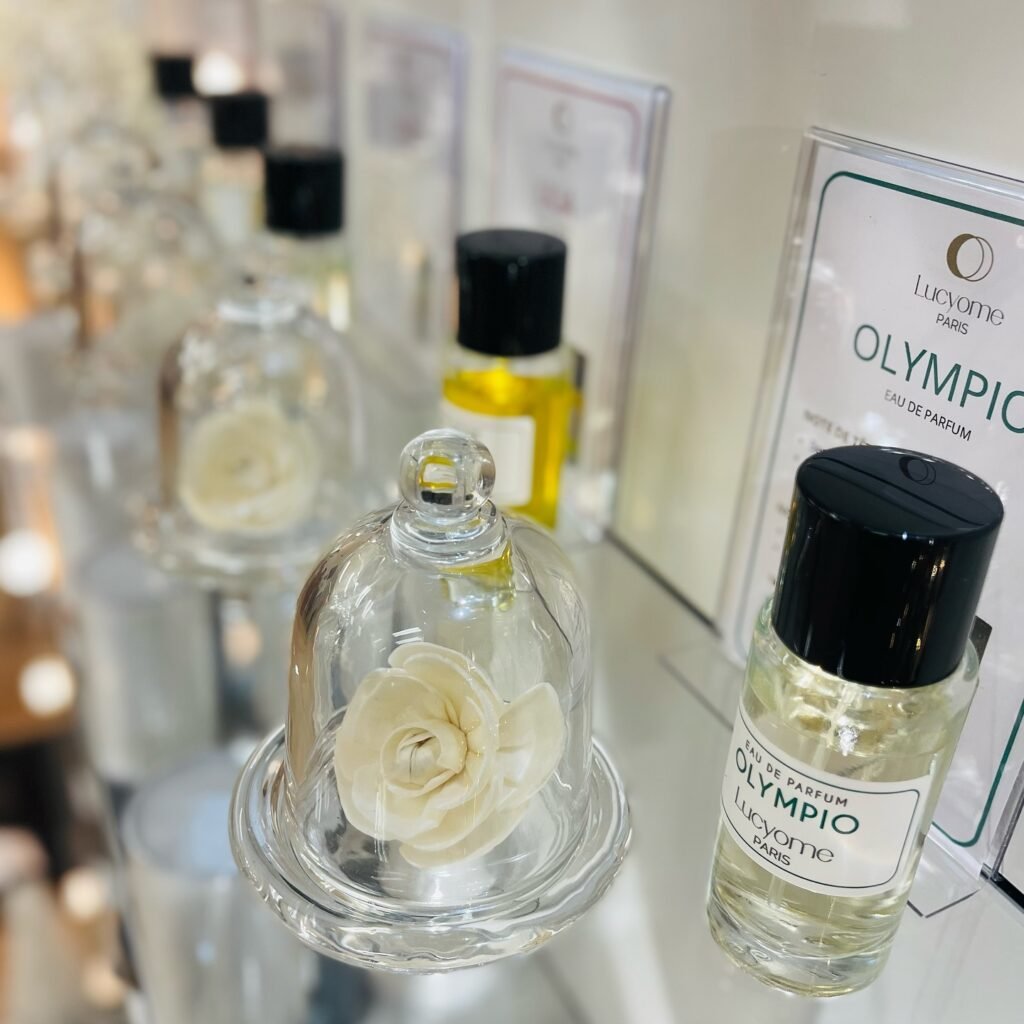 Parfums Lucyome exposés sous cloches de verre dans l’atelier à Toulouse